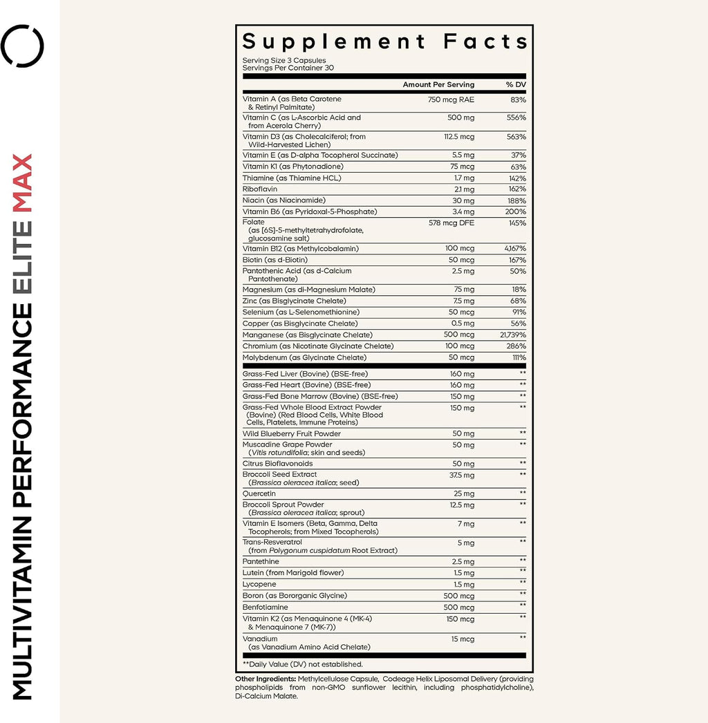 Codeage Multivitamin Performance Elite Max – Multivitamínico diario con vitaminas A, complejo B, C, D3, E y vitamina K (MK-4, MK-7), minerales, botánicos, mezcla de órganos de res alimentada con pasto y luteína – 90 cápsulas