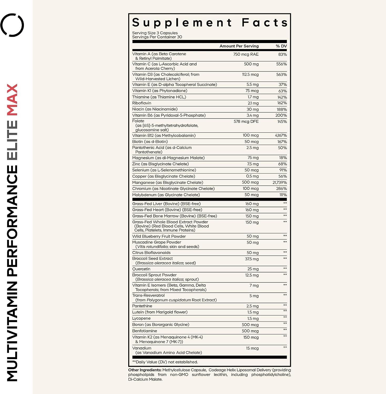 Codeage Multivitamin Performance Elite Max – Multivitamínico diario con vitaminas A, complejo B, C, D3, E y vitamina K (MK-4, MK-7), minerales, botánicos, mezcla de órganos de res alimentada con pasto y luteína – 90 cápsulas