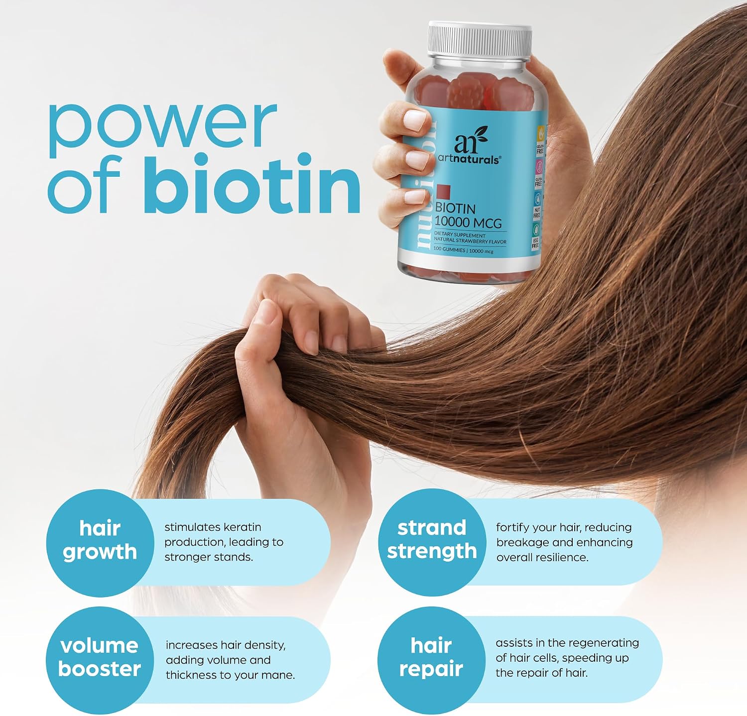 Artnaturals Gominolas de Biotina 10000mcg – Apoyo para Cabello, Piel y Uñas – 100 Gominolas