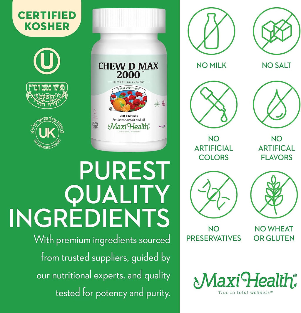 Maxi Health Vitamina D3 2000 IU Masticable - Sabor a Chicle Natural - 200 Comprimidos