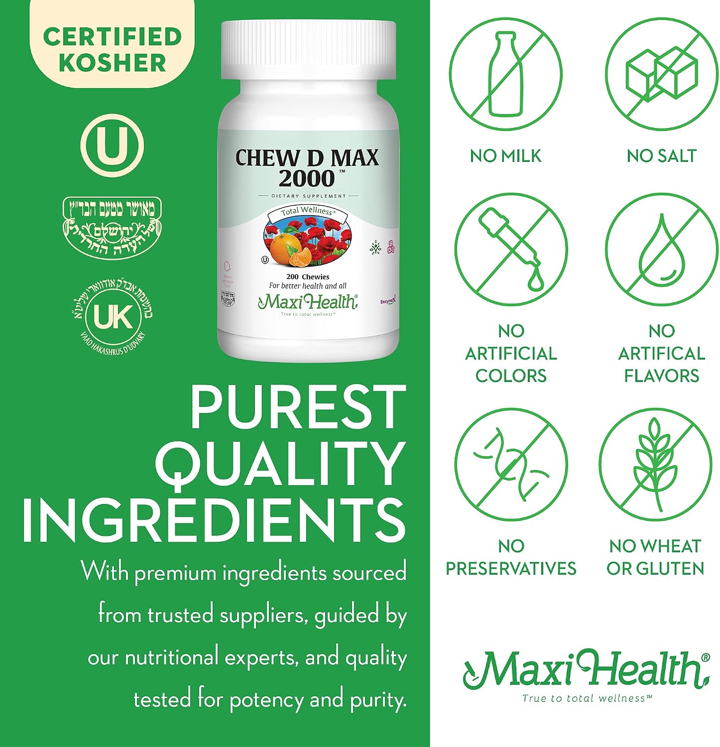 Maxi Health Vitamina D3 2000 IU Masticable - Sabor a Chicle Natural - 200 Comprimidos
