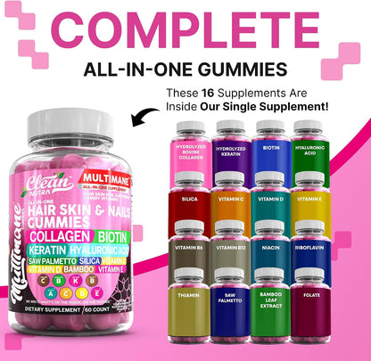 Clean Nutraceuticals Gominolas de Biotina, Colágeno y Queratina | Vitaminas para el Cabello, Piel y Uñas | con Ácido Hialurónico, Bambú, Vitamina A C D3 E, Folato, Saw Palmetto, Sílice, B3, B12 | Vegano