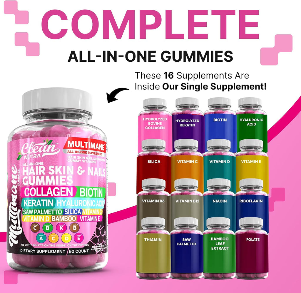Clean Nutraceuticals Gominolas de Biotina, Colágeno y Queratina para Cabello, Piel y Uñas - Vegano