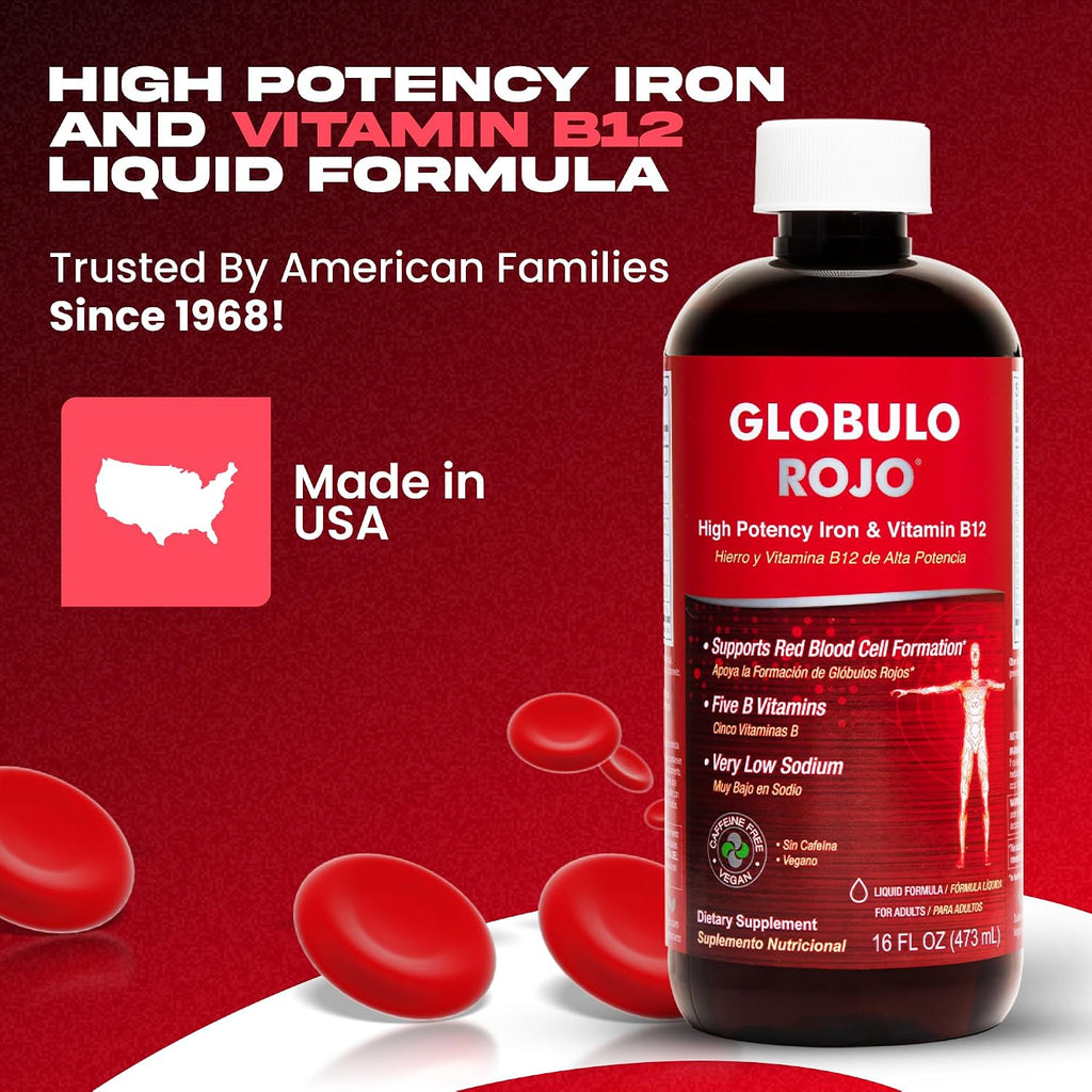 Globulo Rojo Suplemento de Hierro Líquido - Alta Potencia con Vitaminas B - Vegano - 473 ml