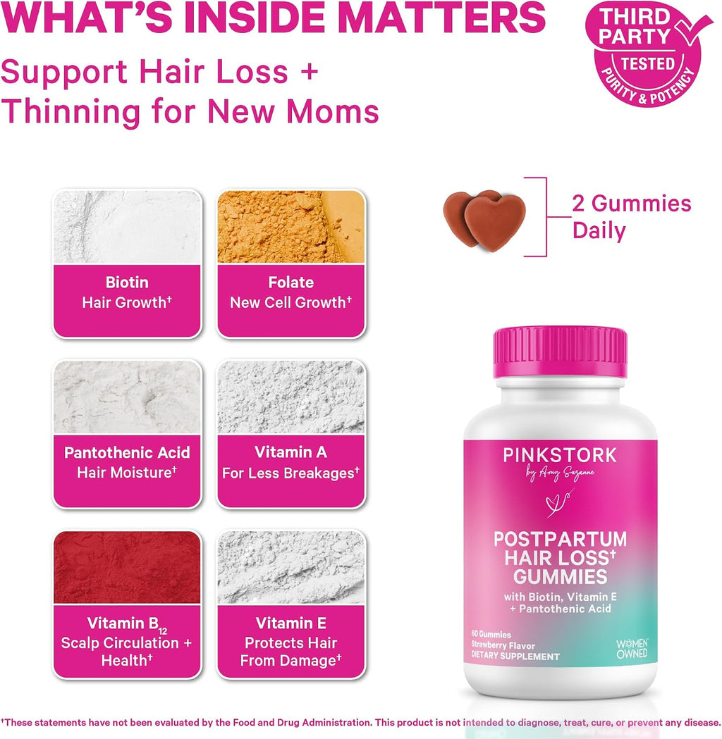 Pink Stork Gominolas para la Caída del Cabello Postparto, 60 unidades | Biotina, Ácido Pantoténico, Vitamina E, B6, B12