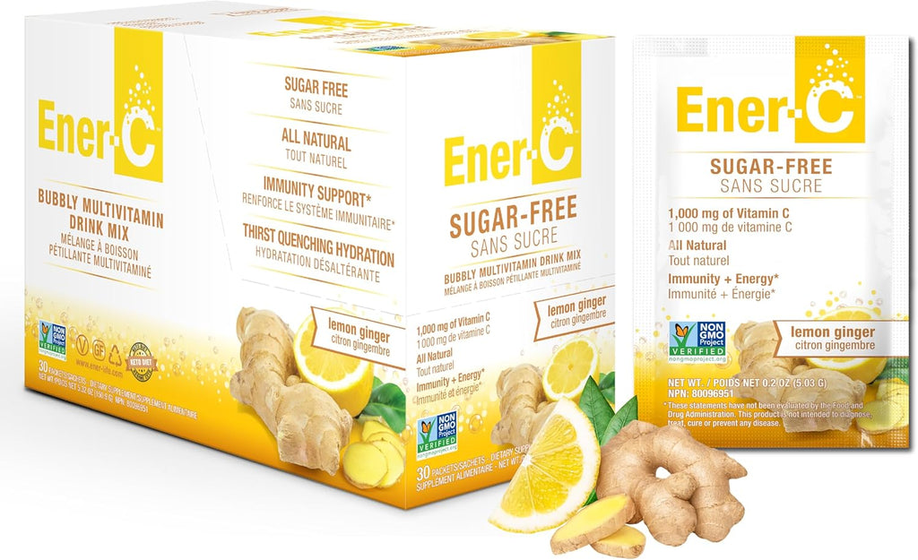 Ener-C Sugar Free Multivitamin Drink Mix - Limón y Jengibre, 30 sobres