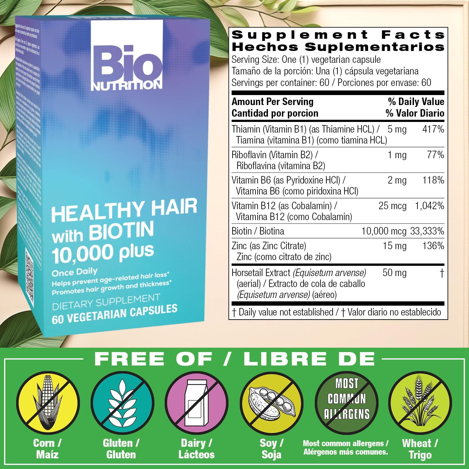 Bio Nutrition Healthy Hair Biotin Vegi-Caps, 60 Cápsulas