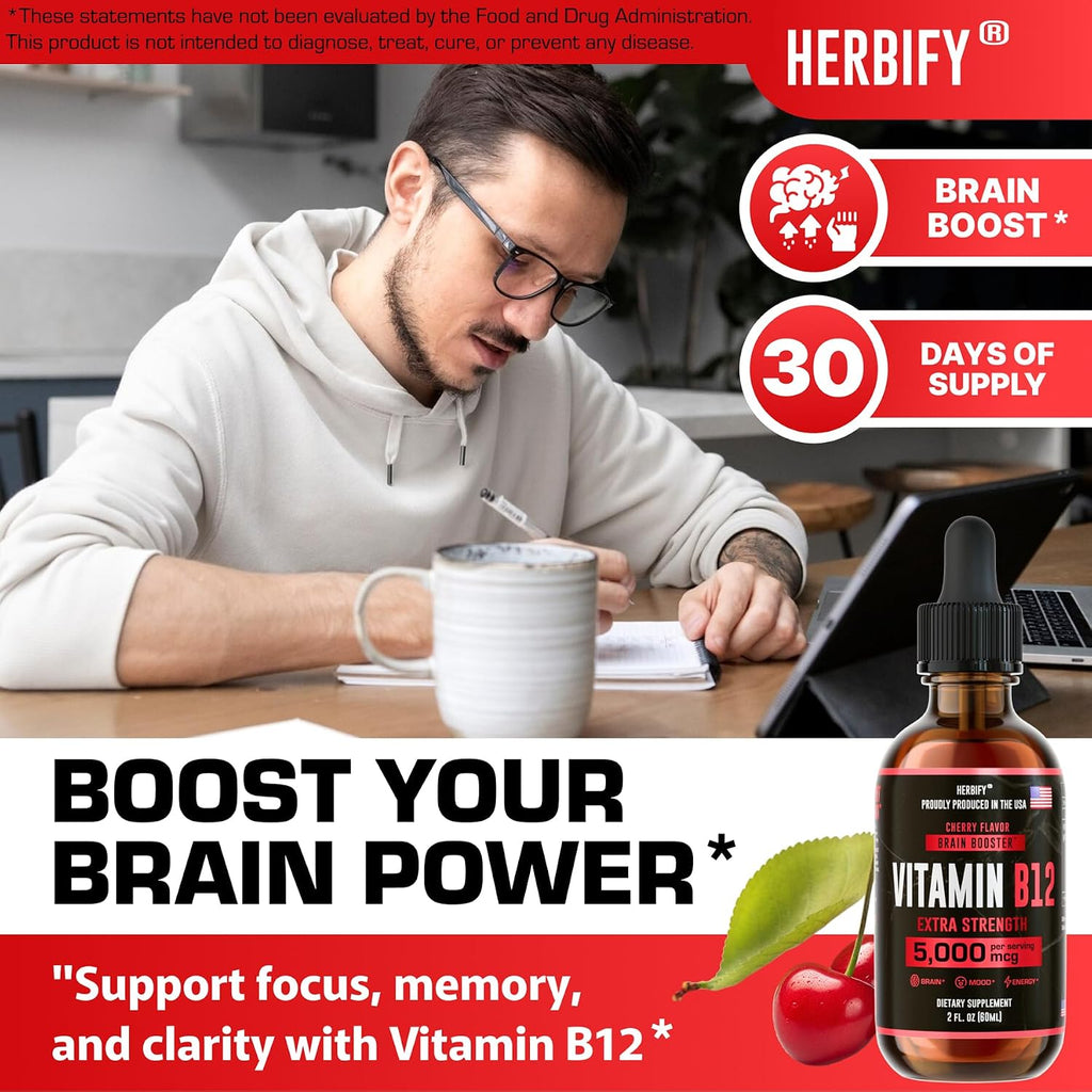 HERBIFY Vitamina B12 Metilada 5000 mcg - Gotas Líquidas de Metilcobalamina - Complejo B - Energía y Sistema Inmunitario - 30 Días - 60 ml