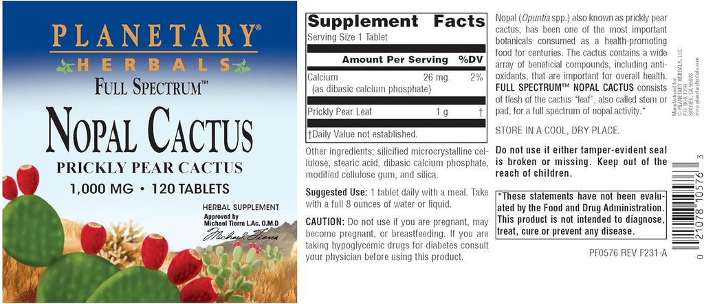 Planetary Herbals Nopal Cactus (Higo Chumbo) 1000 mg - 120 Comprimidos