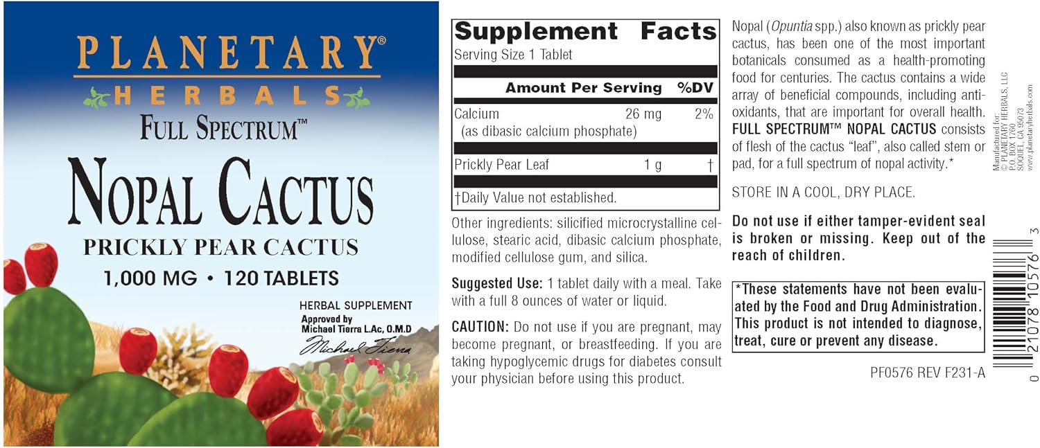Planetary Herbals Nopal Cactus (Higo Chumbo) 1000 mg - 120 Comprimidos