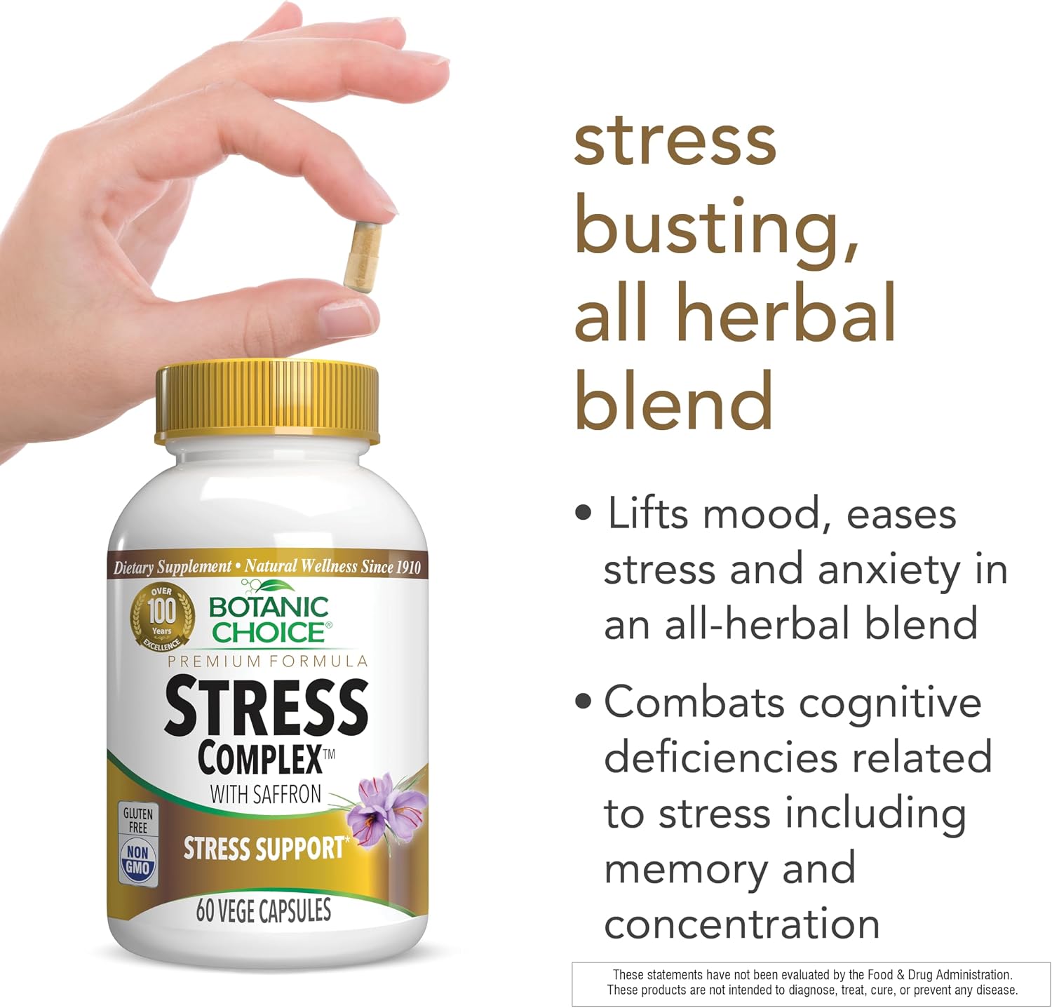 Botanic Choice Stress Complex Cápsulas - Apoyo para el Estado de Ánimo y la Memoria con Azafrán, Ashwagandha, Rhodiola - Sin Gluten, 60 Cápsulas