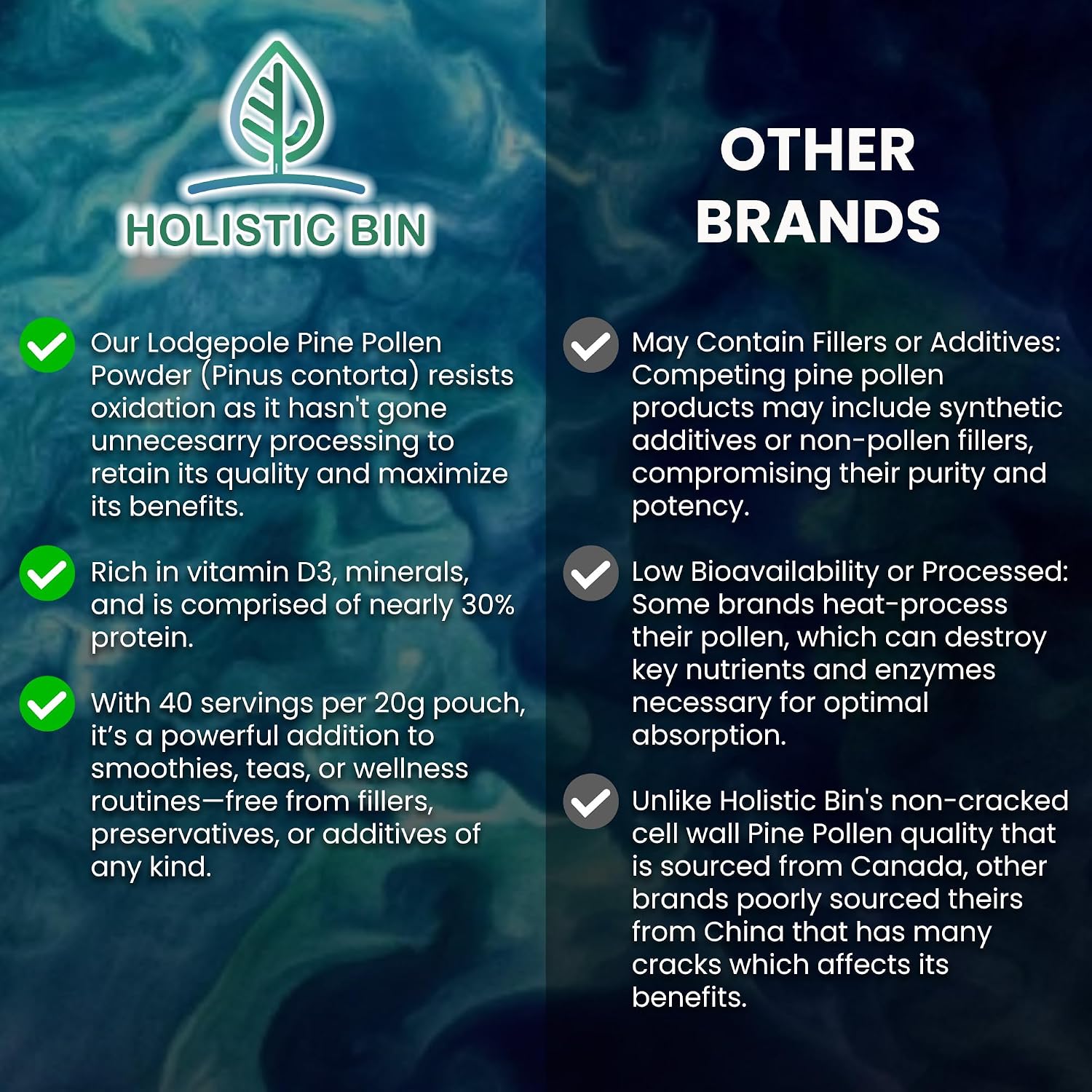 Holistic Bin Polen de Pino Orgánico en Polvo - Grado Farmacéutico, 20 g