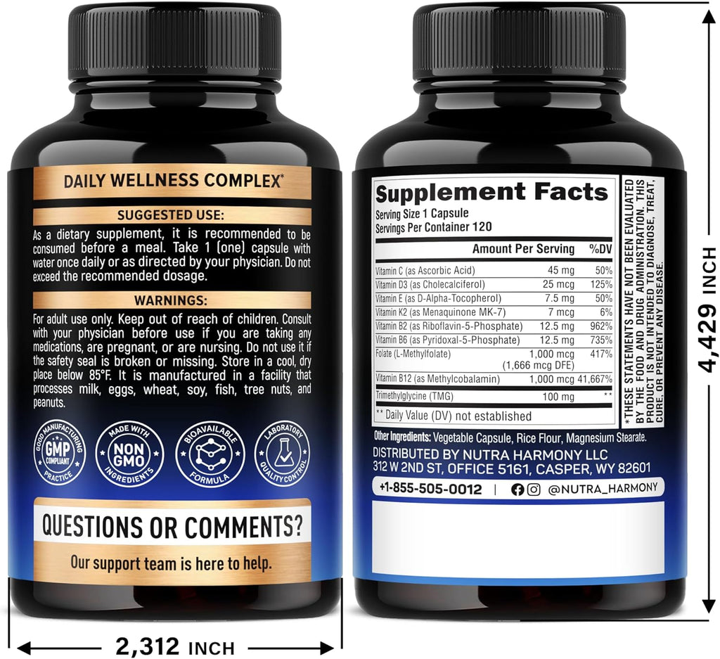 Multivitamínico Metilado 9-en-1 - B2, B6, 5-MTHF, B12, C, D3, E, K2 y TMG - 120 Cápsulas