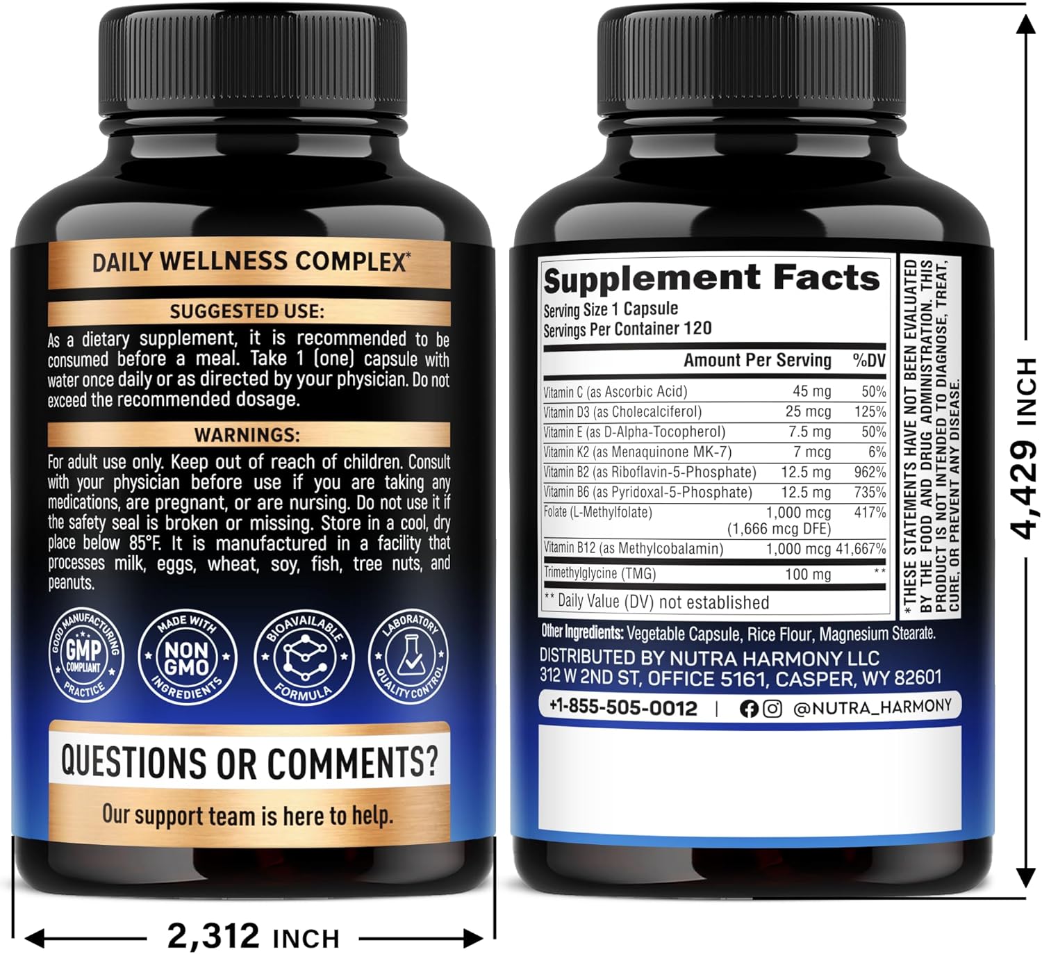 Multivitamínico Metilado 9-en-1 - B2, B6, 5-MTHF, B12, C, D3, E, K2 y TMG - 120 Cápsulas