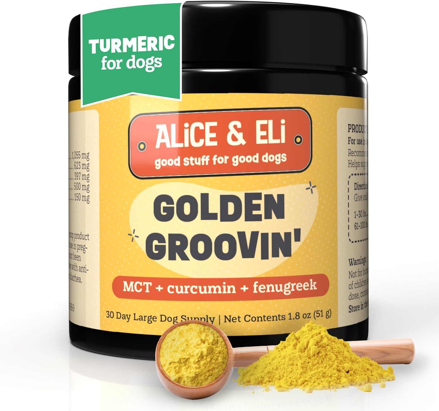Alice & Eli Golden Groovin' Turmeric para Perros - Apoyo Inmunitario y Articular Natural con Curcumina Orgánica, MCT y Fenogreco - Suministro para 30 Días para Perros Grandes