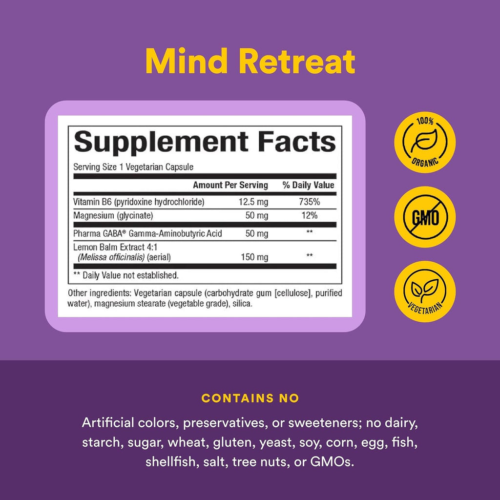Natural Factors Mind Retreat - Suplemento para la relajación con PharmaGABA, Magnesio Glicinato, Extracto de Melisa y Vitamina B6 - 60 Cápsulas Vegetales