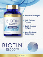 Carlyle Biotina 10000mcg | 300 Cápsulas Blandas | Alta Concentración para Cabello, Piel y Uñas | Sin Gluten, No GMO