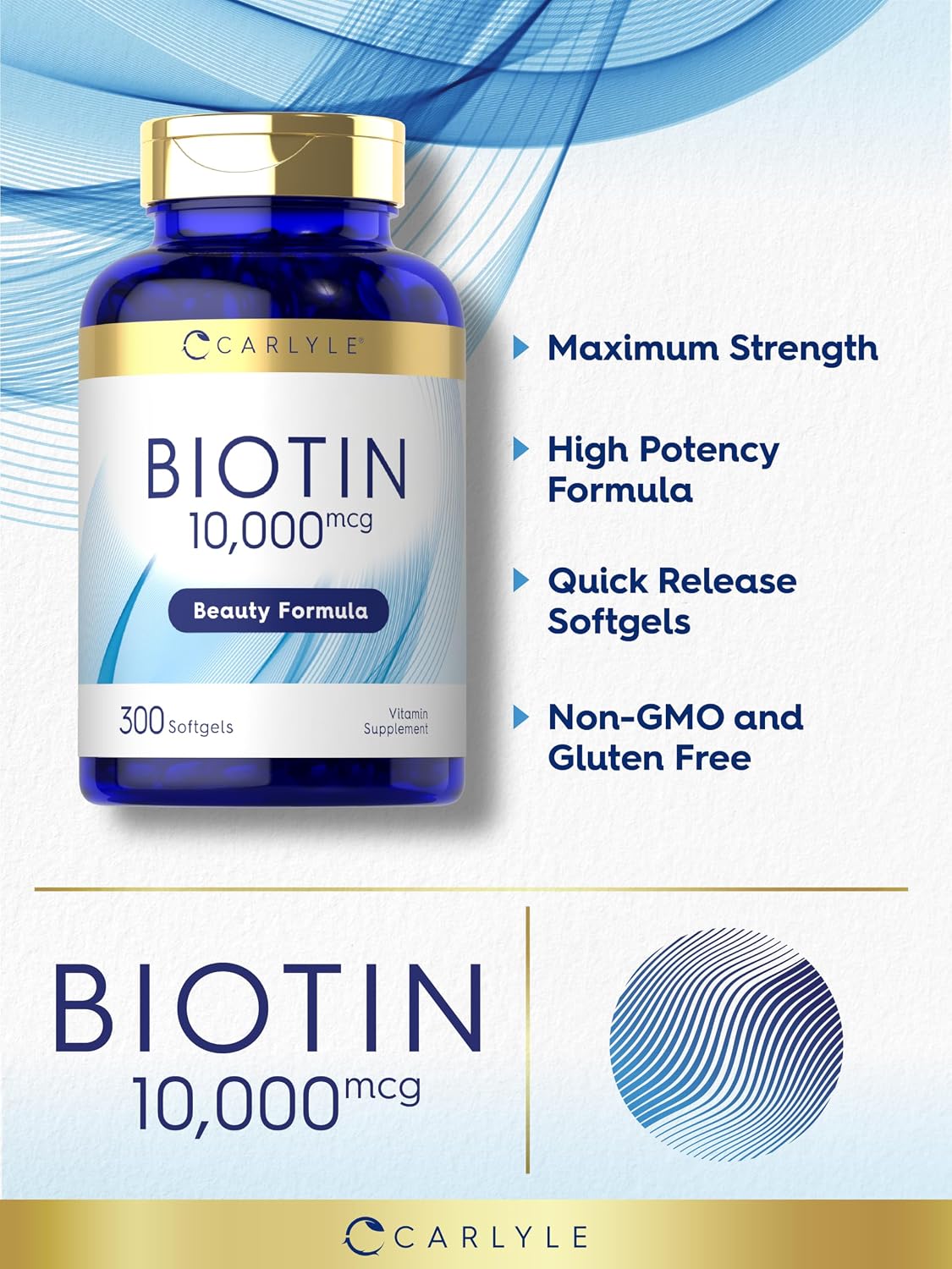 Carlyle Biotina 10000mcg | 300 Cápsulas Blandas | Alta Concentración para Cabello, Piel y Uñas | Sin Gluten, No GMO