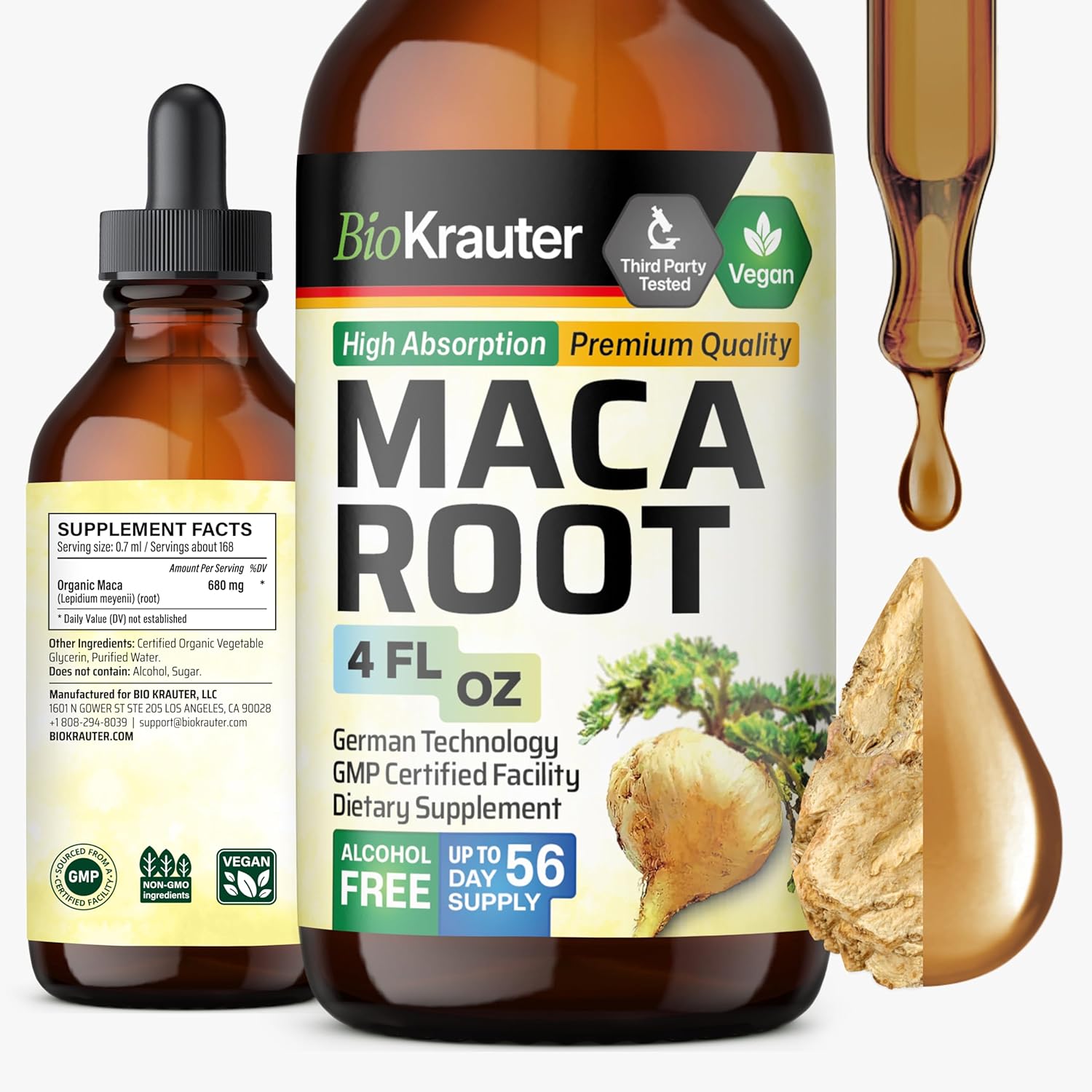 BIO KRAUTER® Maca Root for Women and Men - Vegan Maca Root Liquid Drops 680 mg for Drive & Active Lifestyle Support - 4 Fl.Oz., 56-Day Supply, Non-GMO, Alcohol & Sugar Free Herbal Supplements