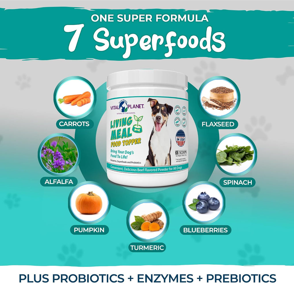Vital Planet Living Meal Alimento para Perros en Polvo con Enzimas, Superalimentos y Probióticos - 111 g (30 dosis)