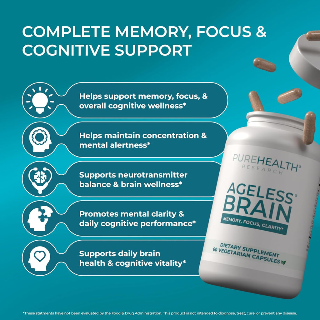 PUREHEALTH RESEARCH Ageless Brain - Suplemento para la Memoria y el Enfoque - 180 Cápsulas