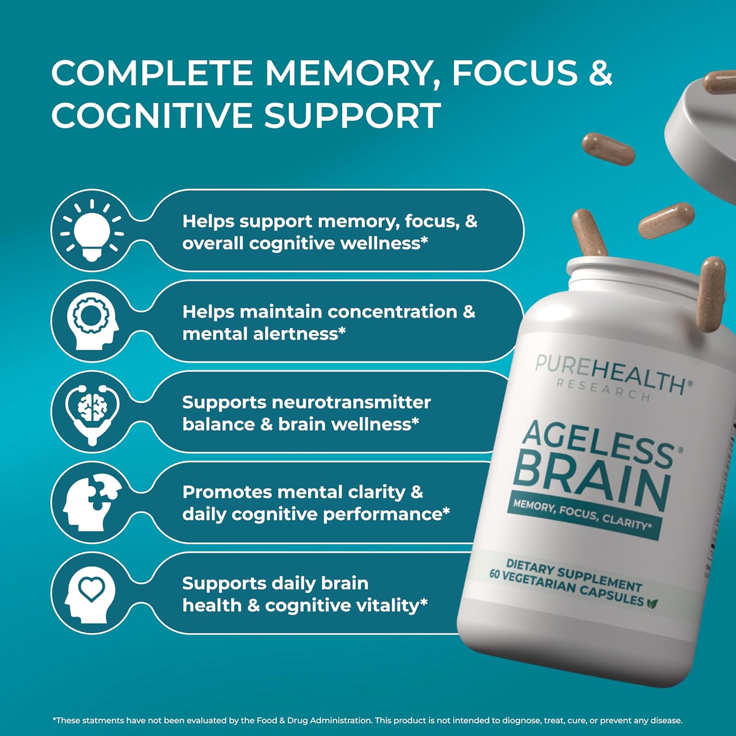 PUREHEALTH RESEARCH Ageless Brain - Suplemento para la Memoria y el Enfoque - 180 Cápsulas
