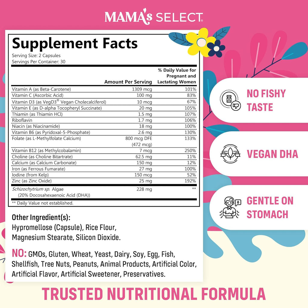 Mama's Select Vitaminas Prenatales con DHA Vegano – Sin Pescado, Sin Eructos de Pescado, Sin Alérgenos, Apoyo MTHFR, Folato Metilado y Vitaminas B, Amigable Digestivo, Sin Biotina
