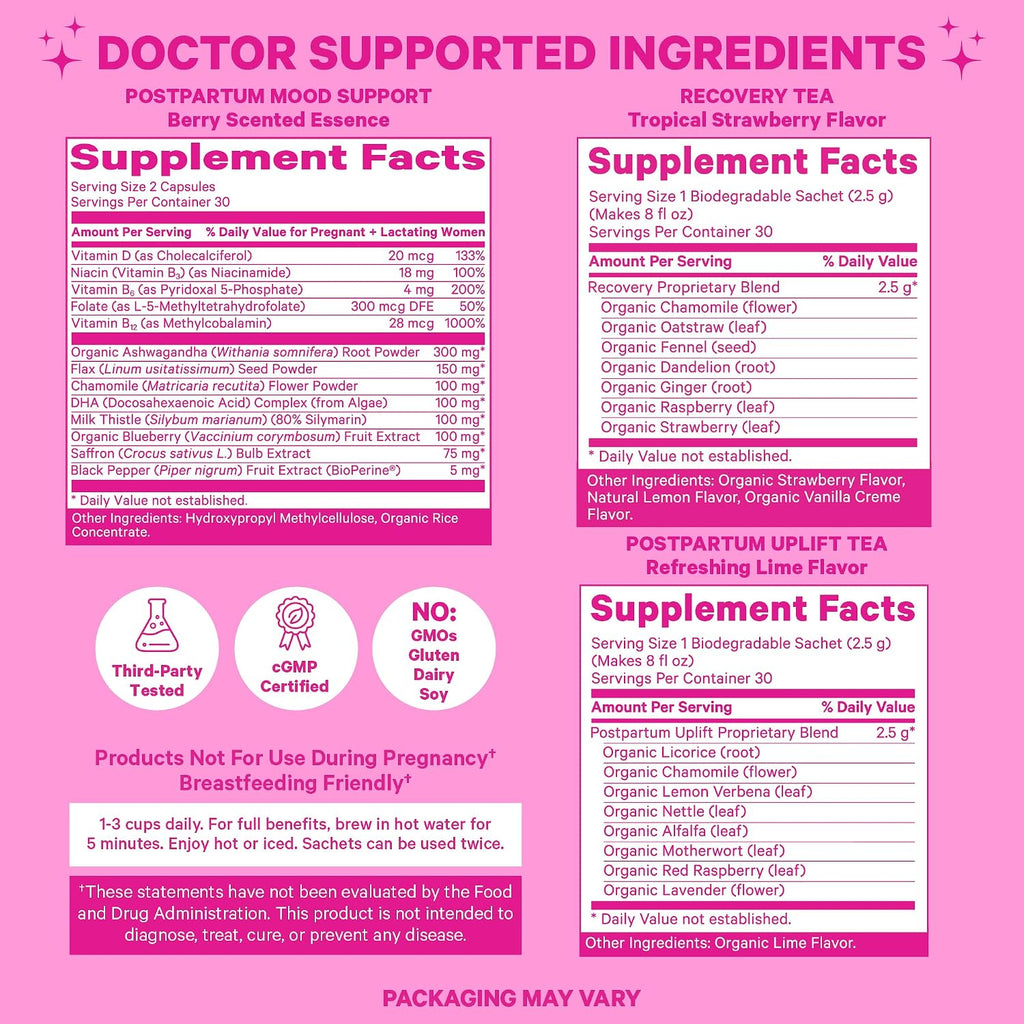 Pink Stork Postpartum Essentials Kit – Vitaminas y Tés Orgánicos para el Posparto