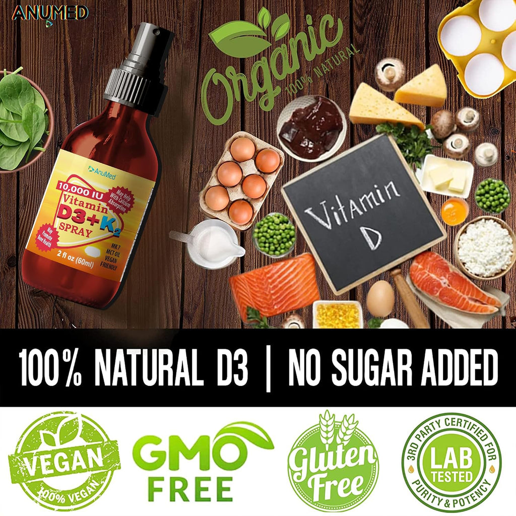 Vitamina D3 K2 10.000 UI Spray con Aceite MCT Orgánico, Vitamina A (Retinol) – Vegano