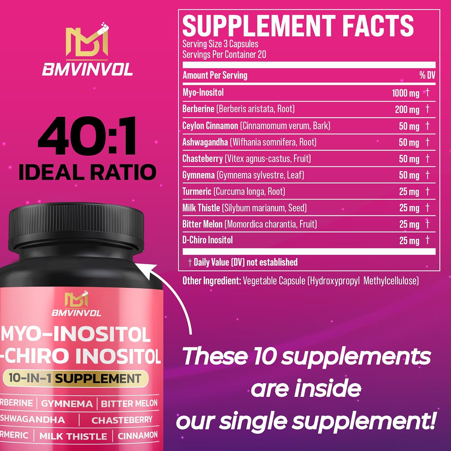 Inositol Complex – Myo-Inositol y D-Chiro Inositol 40:1 con Berberina y Extractos Botánicos – 60 Cápsulas