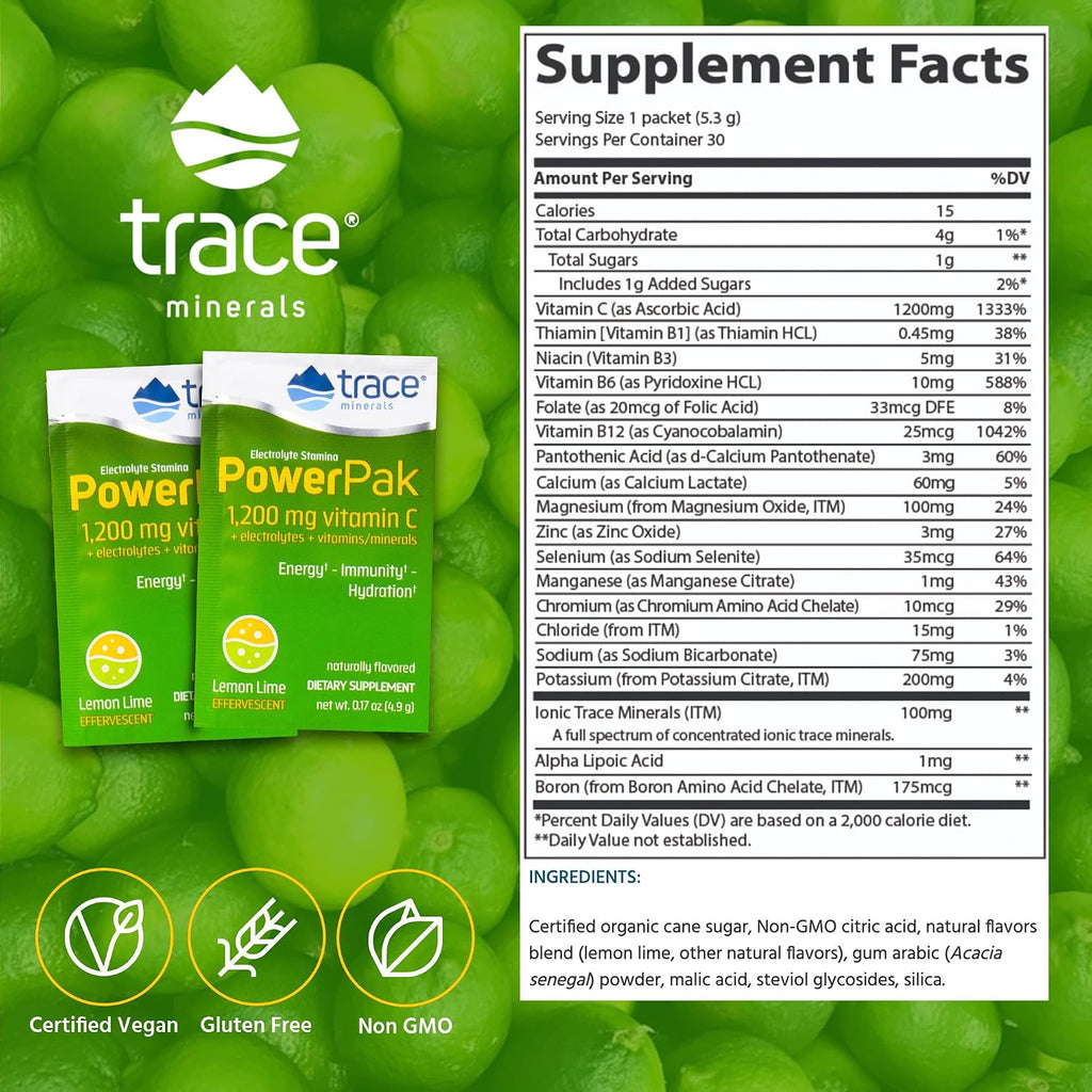 Power Pak Electrolyte Powder - 60 Sobres - Sabor Lima Limón - 1200 mg Vitamina C con Zinc y Magnesio