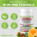 Dash of Vigor 18-en-1 Suplemento de Diosmina y Hesperidina con Quercetina, Bromelina, Zinc, Vitamina C, Rutina, Castaño de Indias y Escoba de Carnicero, 60 Cápsulas