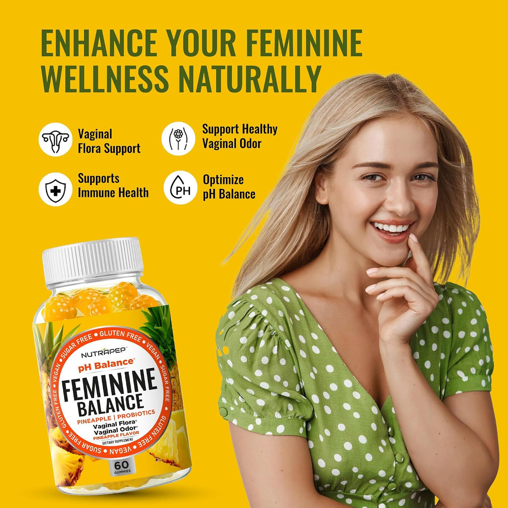 NutraPep Feminine Balance Probiotics Gummies para Mujeres - Salud Vaginal y Equilibrio del pH - Suplemento Natural con Arándano y Piña - Sin Azúcar, Sin Gluten, Vegano