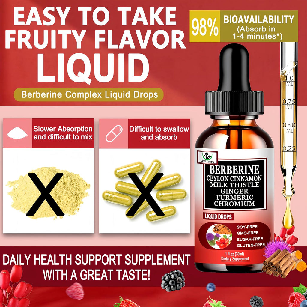 Berberine Drops 6-en-1 de Vita letuo - Complejo Líquido de Berberina con Canela, Cardo Mariano y Cúrcuma, 30 Dosis