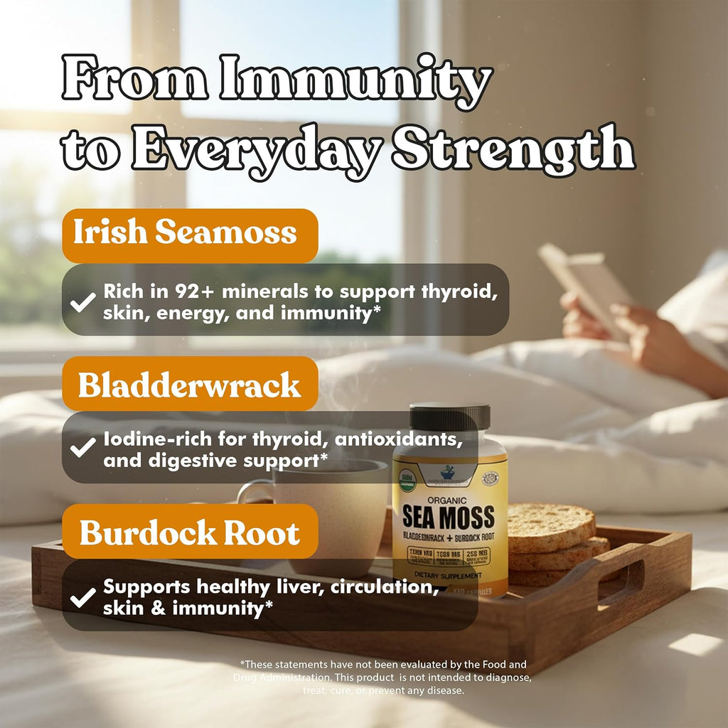 American Standard Supplements Cápsulas Orgánicas de Sea Moss, Bladderwrack y Burdock Root - 1200mg Sea Moss, 1200mg Bladderwrack, 225mg Burdock Root por Dosis - 120 Cápsulas, 40 Dosis