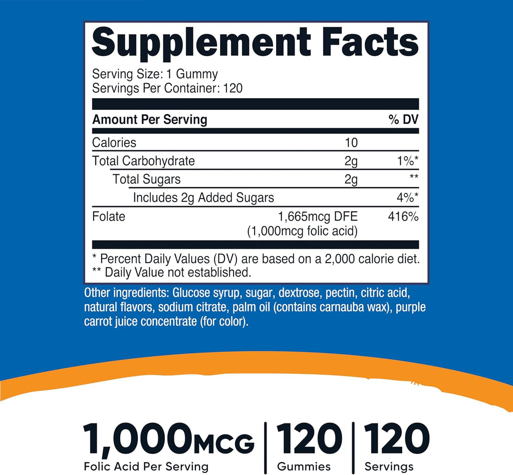 Nutricost Ácido Fólico (Vitamina B9) Gominolas Vegetarianas - 120 Gominolas, 1 mg por ración
