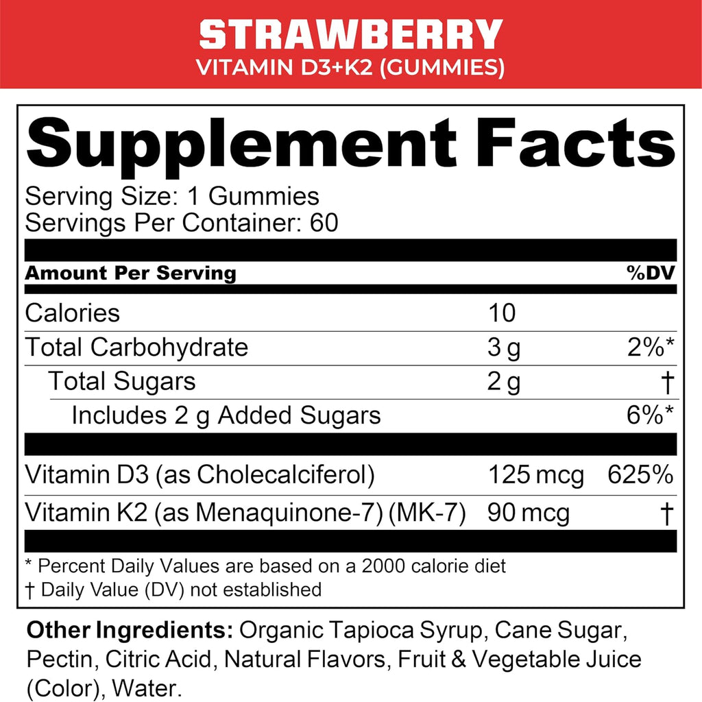 MTN OPS Vitamina D3 K2 Gominolas, 5000 UI, 90 mcg MK-7, Sabor Fresa Natural, 60 Gominolas