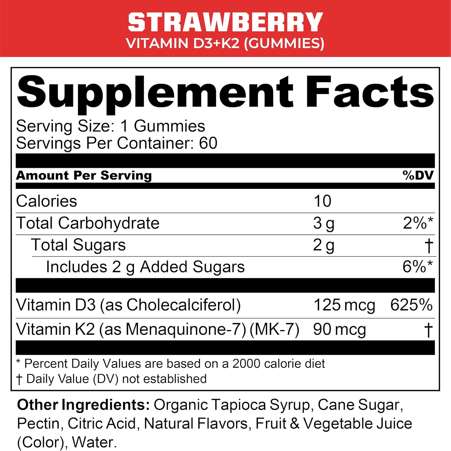 MTN OPS Vitamina D3 K2 Gominolas, 5000 UI, 90 mcg MK-7, Sabor Fresa Natural, 60 Gominolas