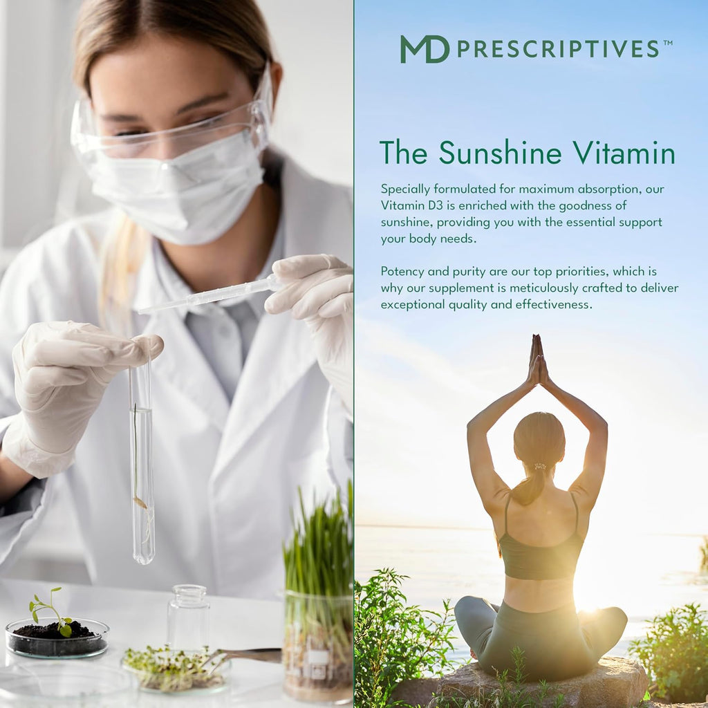 MD Prescriptives Vitamina D3 180 Cápsulas Blandas - 125 mcg (5000 UI) - Máxima Absorción para Huesos, Músculos e Inmunidad - No GMO, Vegetariano