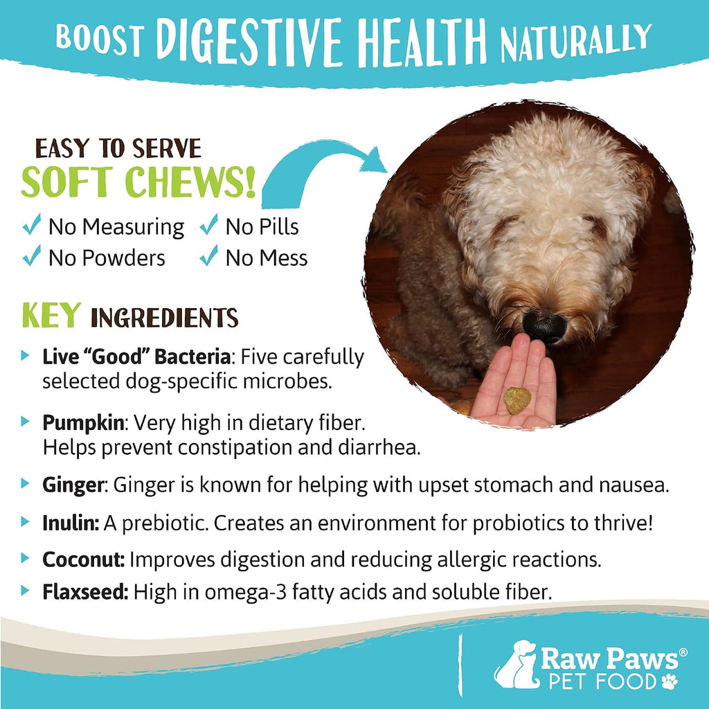 Raw Paws Probióticos Naturales para Perros con Prebióticos, 100 Masticables Blandos (284 g)