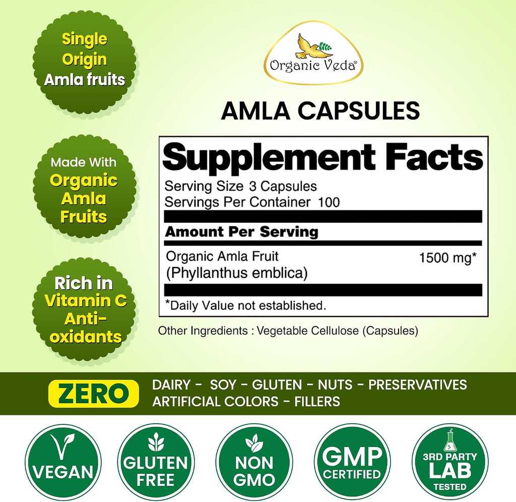 Organic Veda Amla Cápsulas - 1500mg, 300 Cápsulas - Suplemento Natural de Vitamina C con Antioxidantes