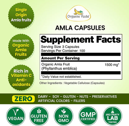 Organic Veda Amla Cápsulas - 1500mg, 300 Cápsulas - Suplemento Natural de Vitamina C con Antioxidantes – Image 4