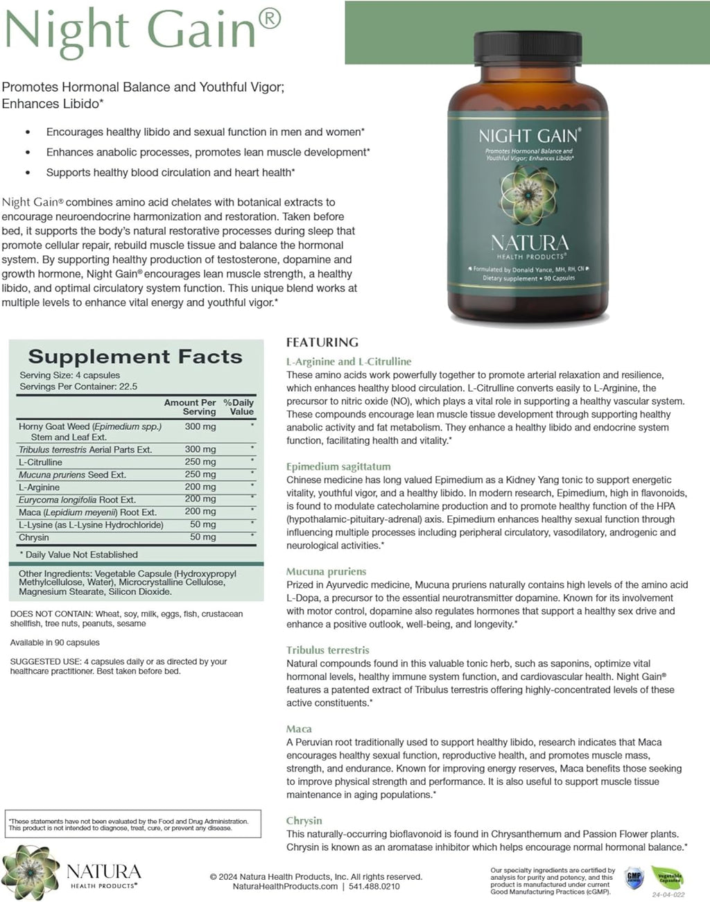Night Gain® – Suplemento Avanzado de Vitalidad y Circulación | Maca, L-Citrulline y Tongkat Ali | 90 Cápsulas