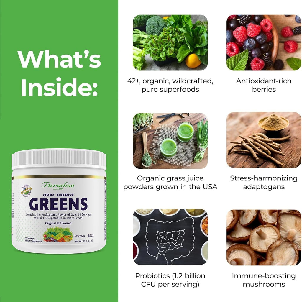 Paradise ORAC Energy Greens Powder Extract - Super Antioxidantes y Probióticos, 30 Porciones