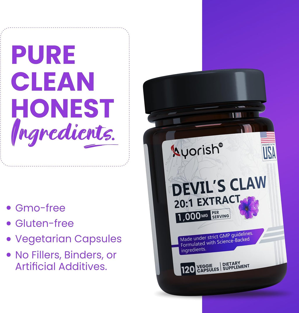 Garra del Diablo Cápsulas 1000mg Extracto 20:1 - 120 Cápsulas - Suplemento Herbal Vegano No GMO