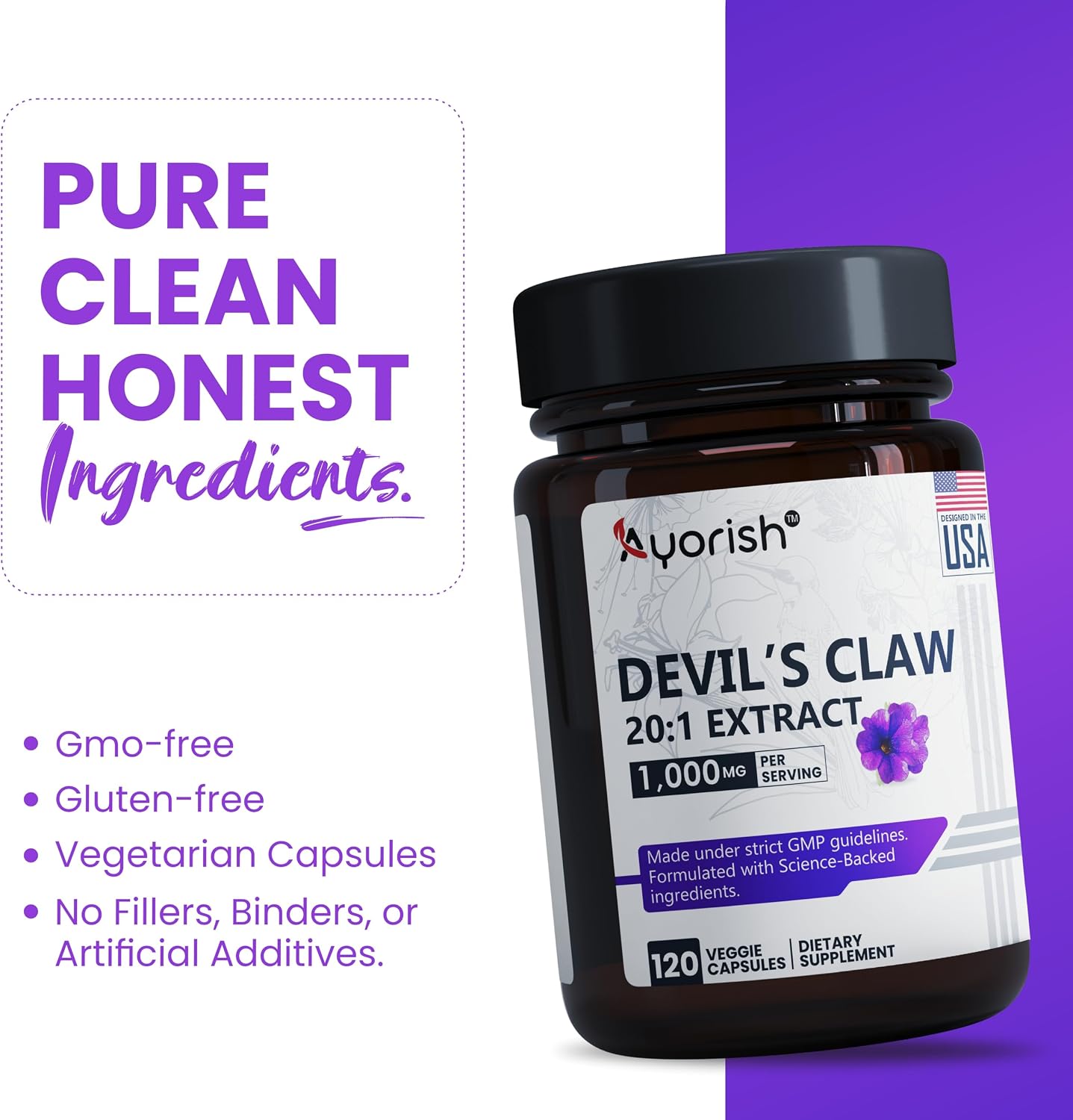 Garra del Diablo Cápsulas 1000mg Extracto 20:1 - 120 Cápsulas - Suplemento Herbal Vegano No GMO