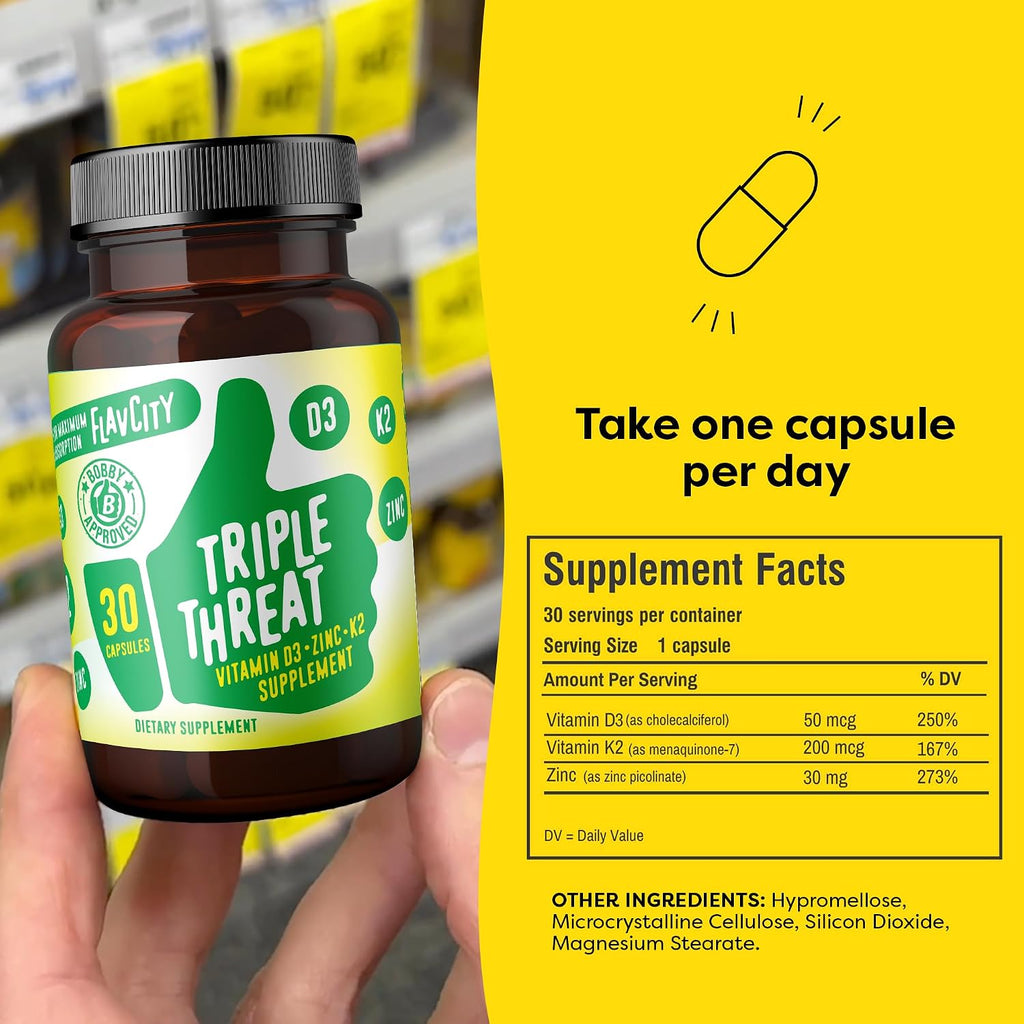 FlavCity Vitamin D3, K2 y Zinc - Triple Amenaza - Apoyo Inmune y Huesos - 30 Cápsulas