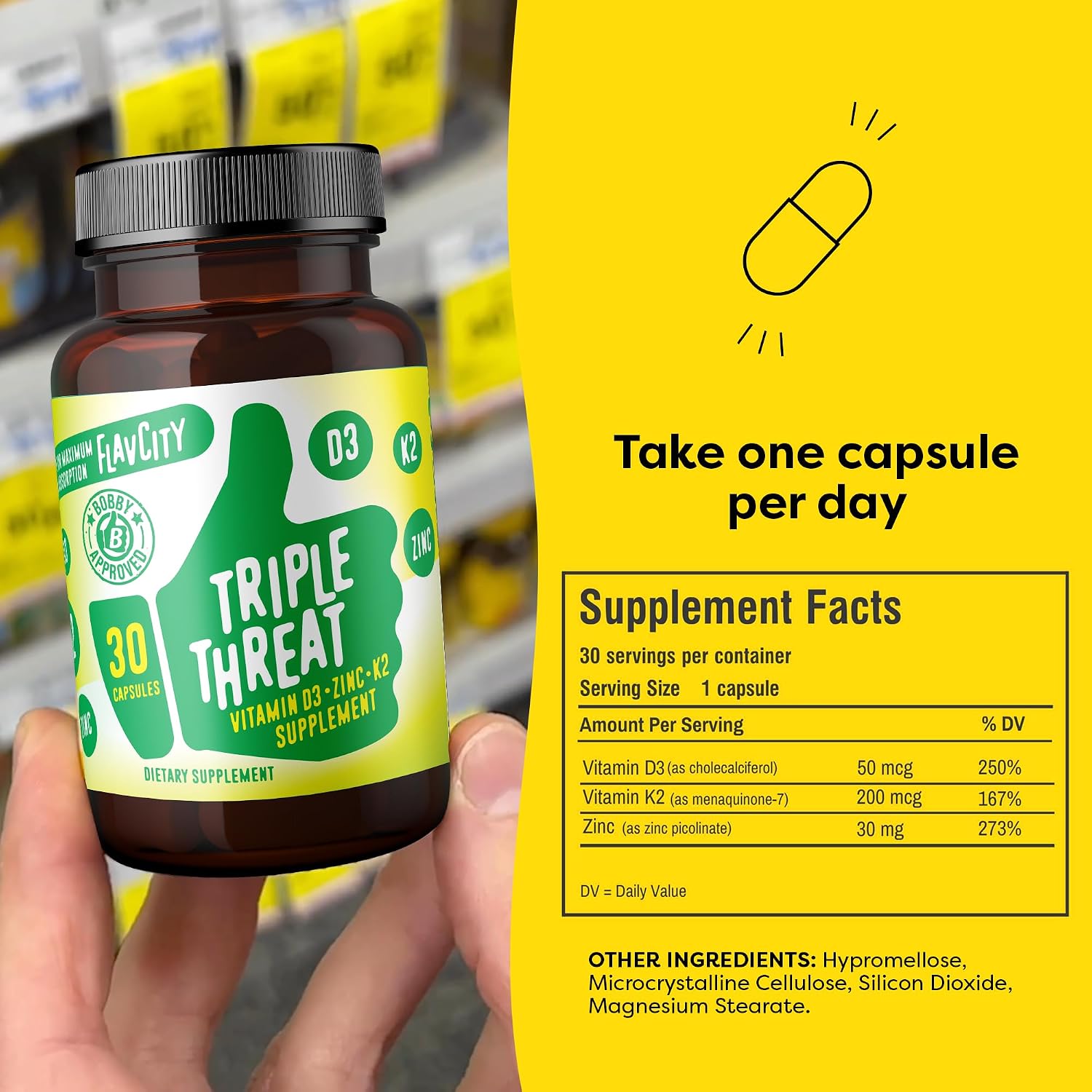 FlavCity Vitamin D3, K2 y Zinc - Triple Amenaza - Apoyo Inmune y Huesos - 30 Cápsulas
