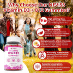 NEVISS 2Pack Gominolas Veganas de Vitamina D3 + B12, Alta Potencia D3 5000IU y 1000 mcg de B12 Metilada, para Adultos, Apoya la Salud Ósea, Inmunidad y Energía, 120 Unidades