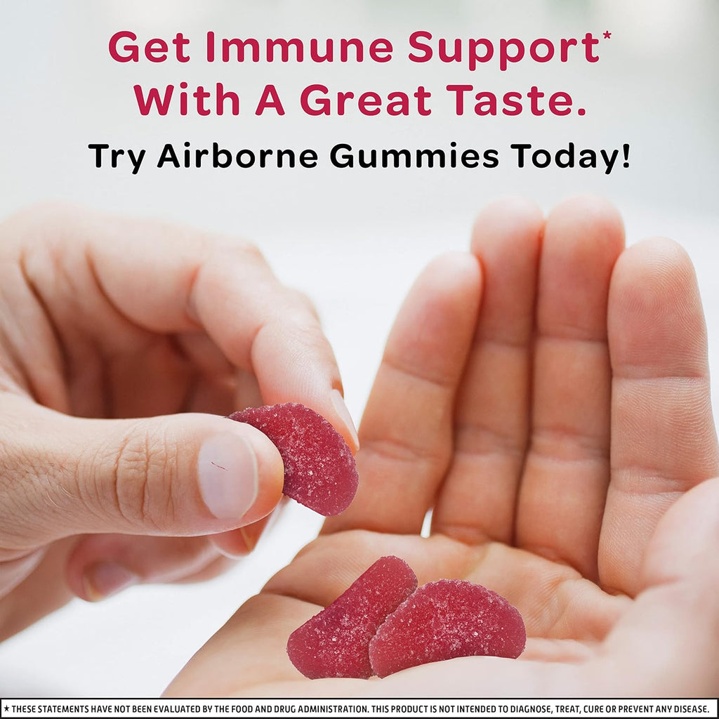 Airborne Gummies de Vitamina C 750 mg para Adultos, Suplemento de Apoyo Inmunológico con Potentes Antioxidantes Vitaminas A, C y E - 63 Gominolas, Sabor Arándano y Granada